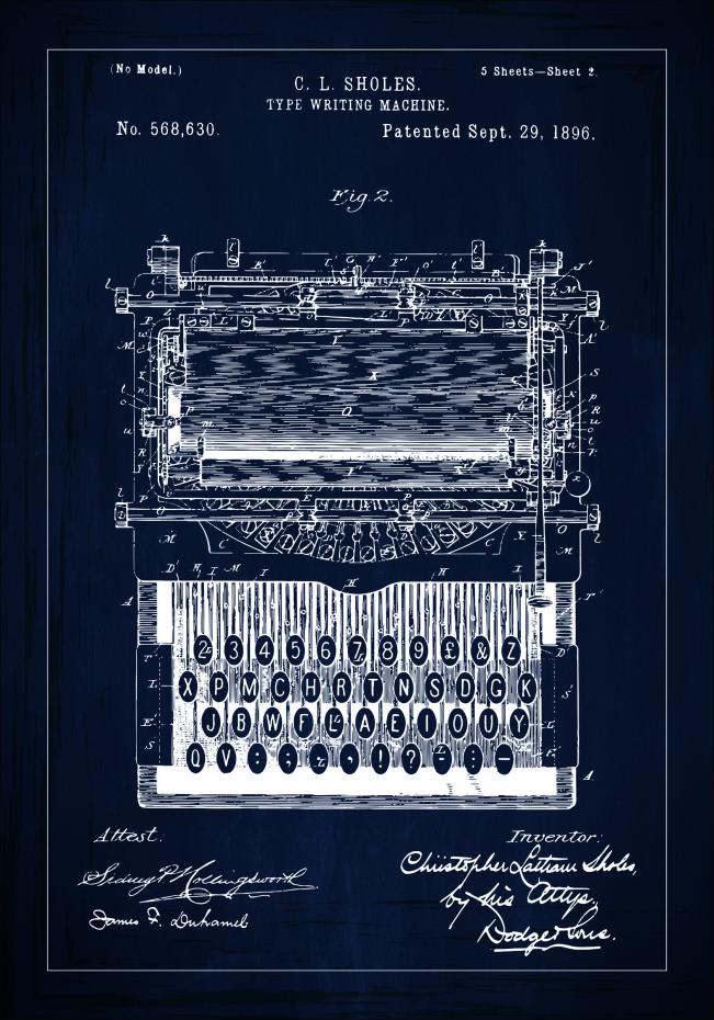 Dessin de brevet - Machine  crire - Bleu Poster