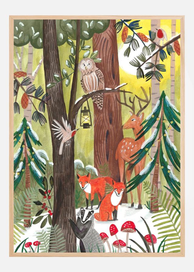 Green Christmas forest with animals Poster
