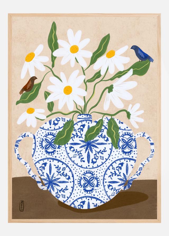 White Flowers in a Vase with Birds Poster