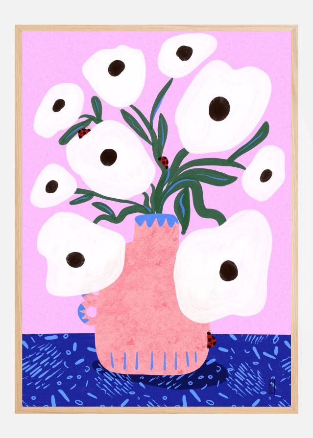 White Poppies and Ladybirds Floral Poster