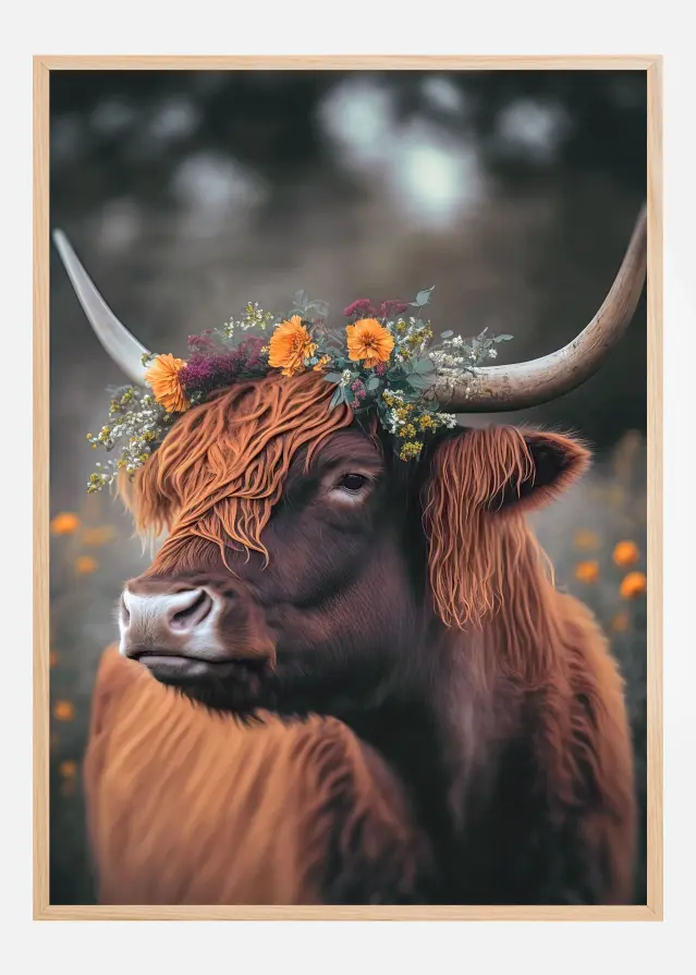 Highland Cow With Flowers Poster