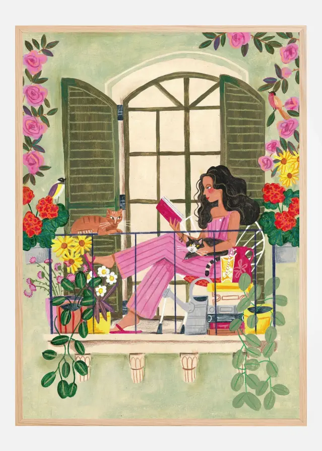 Woman reads on balcony Poster