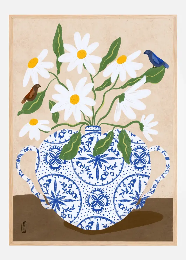 White Flowers in a Vase with Birds Poster