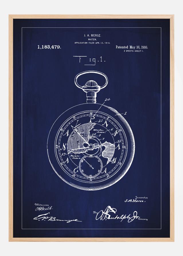 Dessin de brevet - Montre de poche - Bleu Poster