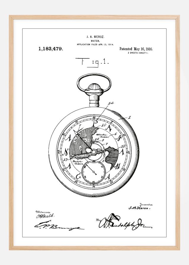 Dessin de brevet - Montre de poche - Blanc Poster