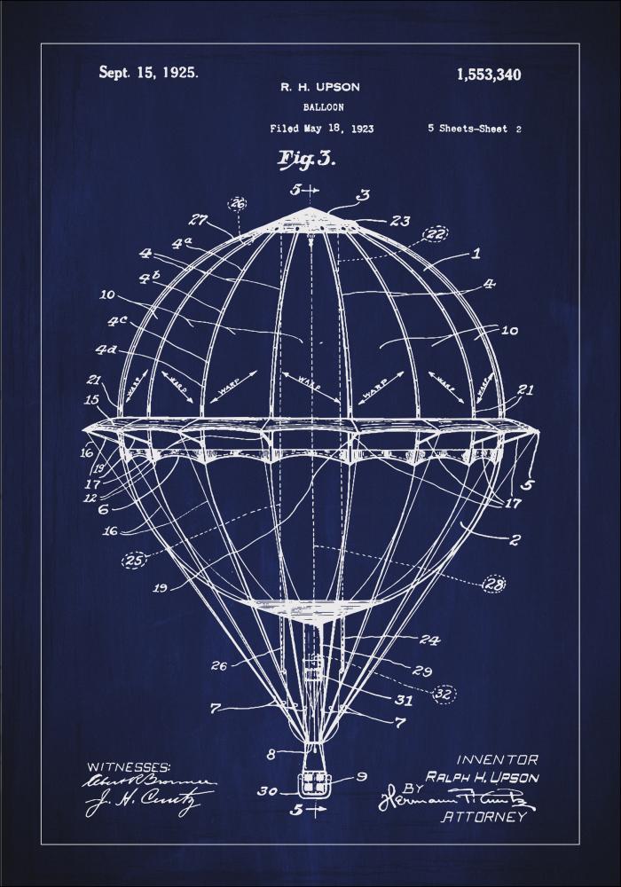 Dessin de brevet - Montgolfière - Bleu Poster