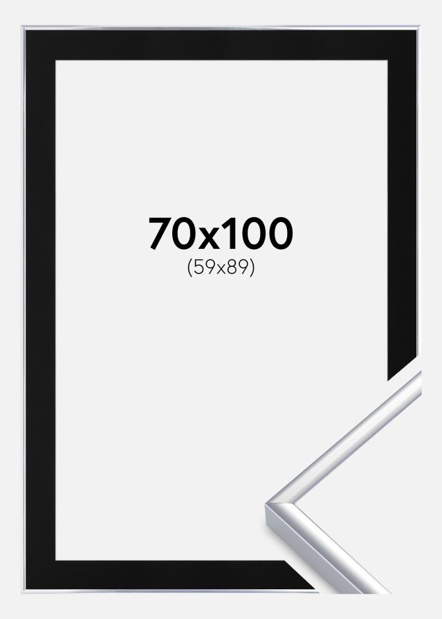 Cadre Aluminium Brillant Argent 70x100 cm - Passe-partout Noir 60x90 cm