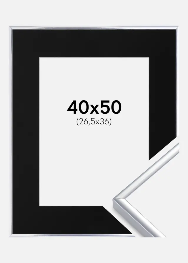 Cadre Aluminium Brillant Argent 40x50 cm - Passe-partout Noir 27,5x37 cm