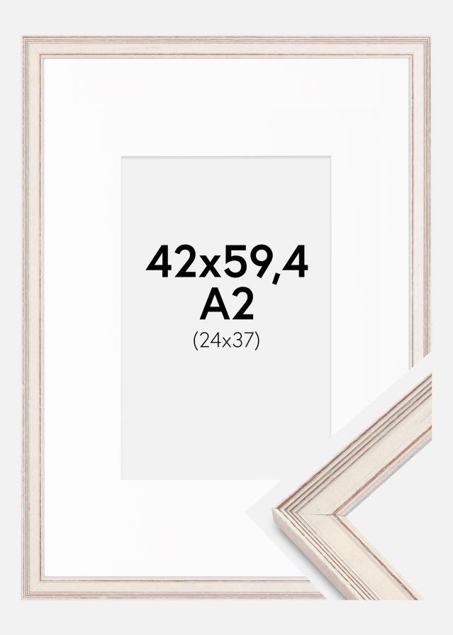 Cadre Shabby Chic Blanc 42x59,4 cm (A2) - Passe-partout Blanc 25x38 cm