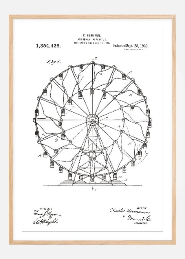 Dessin de brevet - Grande roue - Blanc Poster