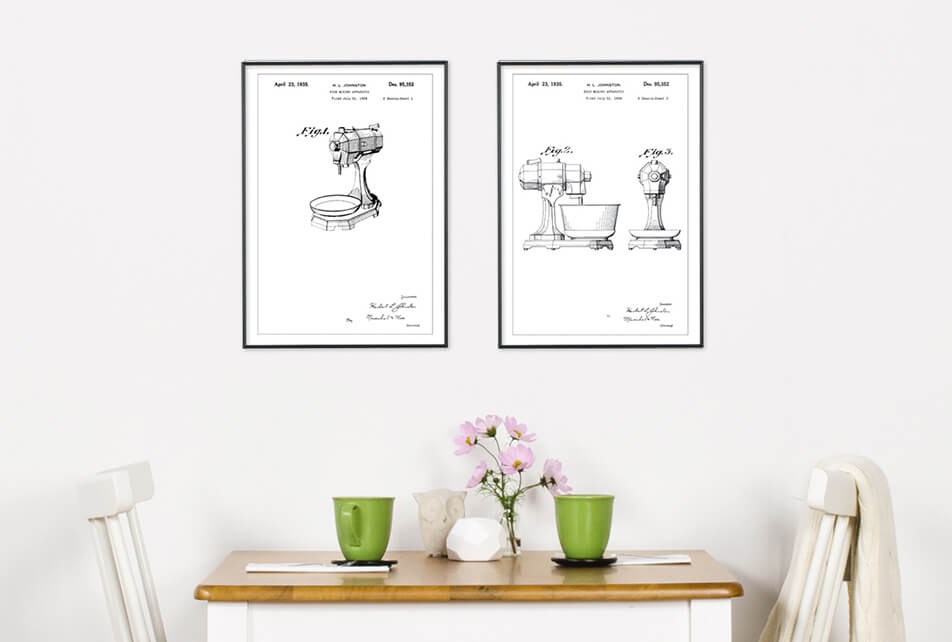 Posters avec dessins de brevets de mixeur sur mur blanc - dcoration de cuisine